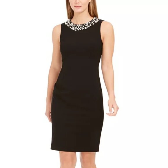 Calvin Klein Faux Pearl Trim Black Sheath Dress - Picture 1 of 10
